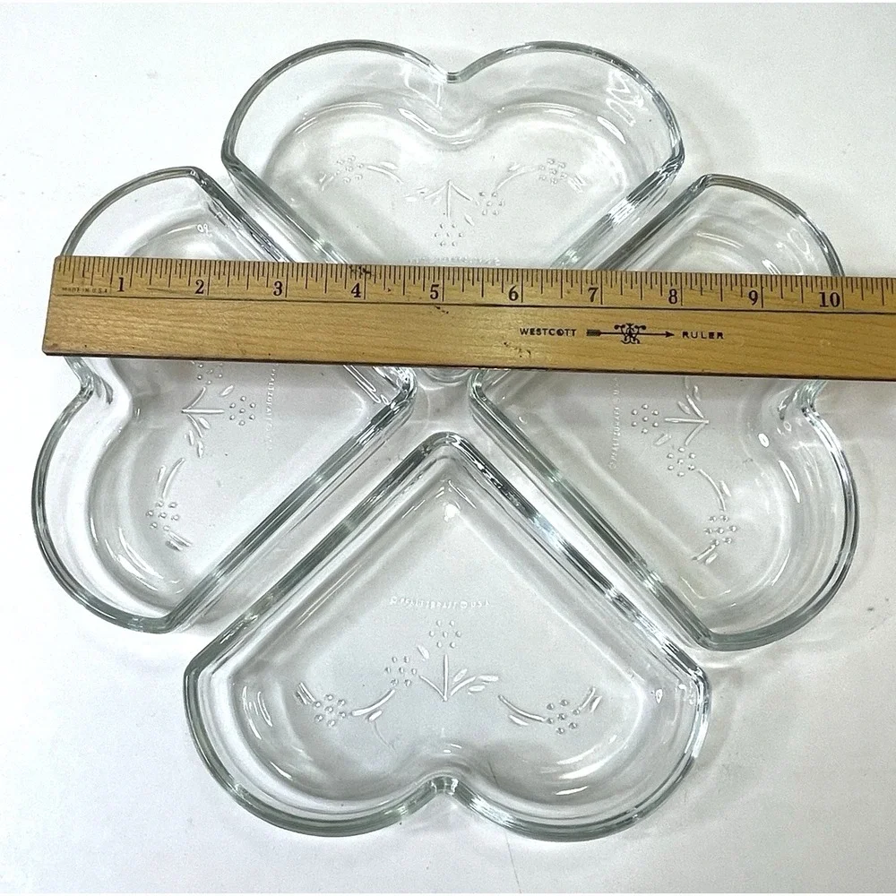 Pfaltzgraff Blossom Embossed‎ Heart Shaped Relish Tray Clover Leaf Clear Glass